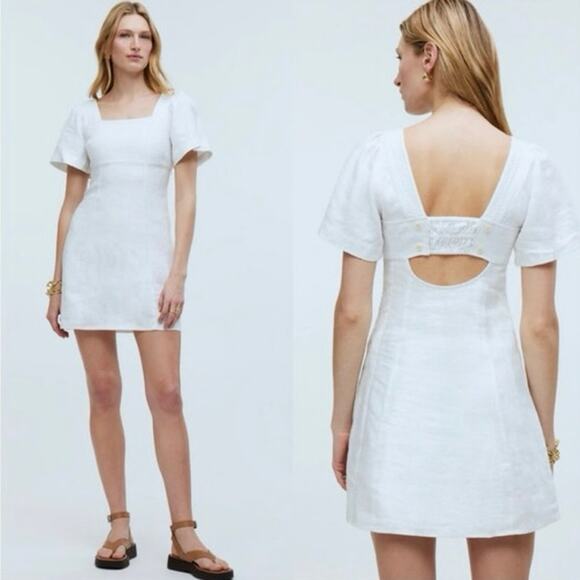 NWT Madewell Square-Neck Mini Dress in 100% Linen Size 6 White Sundress NP764 - Picture 1 of 9